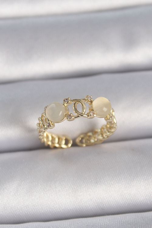 YRTCL Pirinç Gold Renk Ayarlanabilir Zirkon Taşlı Beyaz Mineli Birleşik Halka Model Kadın Yüzük