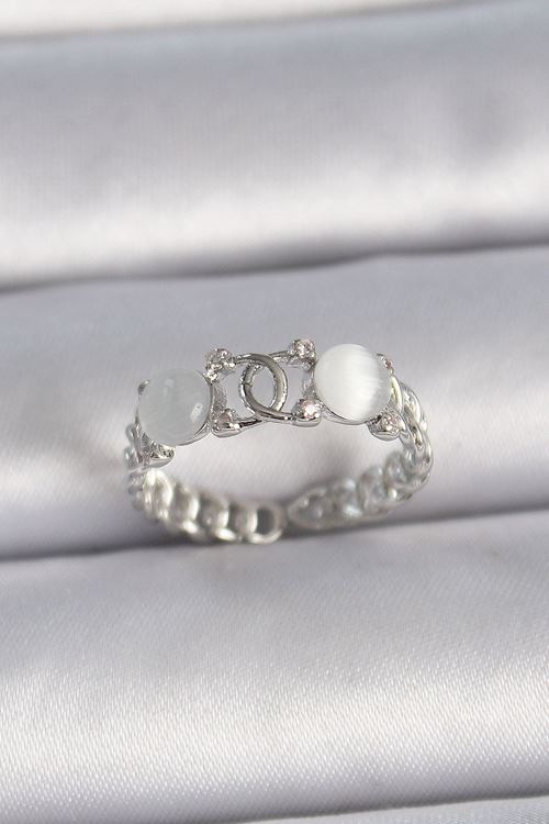 YRTCL Pirinç Gümüş Renk Ayarlanabilir Zirkon Taşlı Beyaz Mineli Birleşik Halka Model Kadın Yüzük