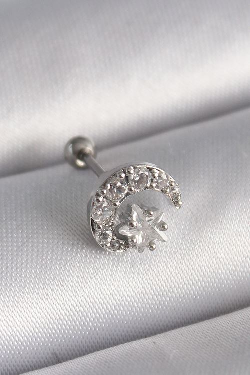 YRTCL 316L Çelik Gümüş Renk Zirkon Taşlı Ay Yıldız Tragus Piercing