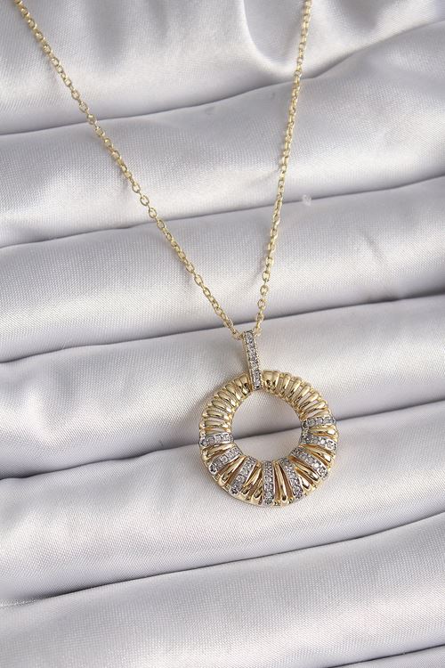 YRTCL 316L Çelik Gold Renk Zincir Gümüş Zirkon Taşlı Daire Model Kadın Kolye