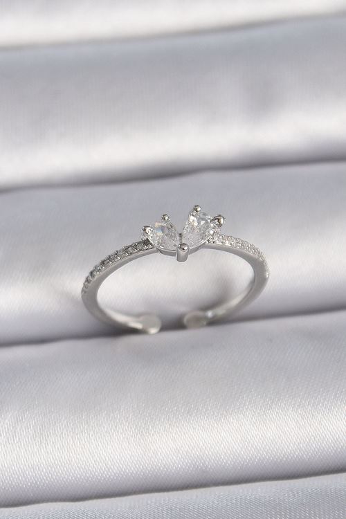 YRTCL Pirinç Gümüş Renk Ayaralanabilir Zirkon Taşlı Kalp Model Kadın Yüzük