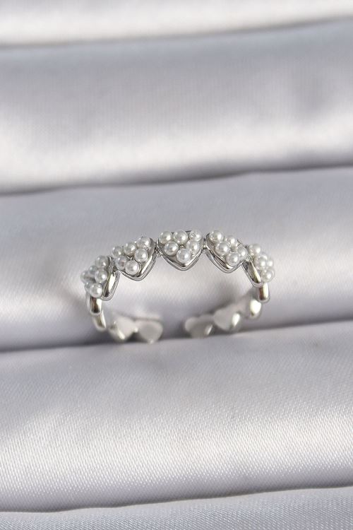 YRTCL Pirinç Gümüş Renk Ayarlanabilir İncili Kalp Model Kadın Yüzük