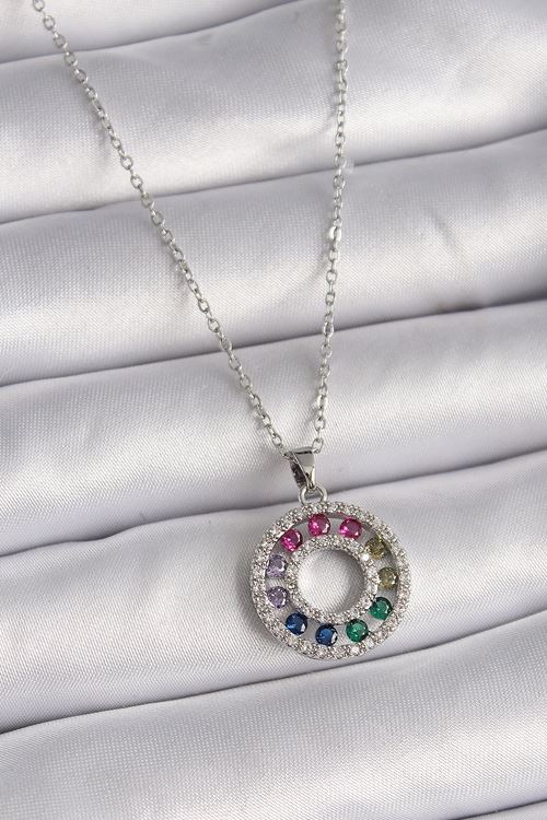 YRTCL 316L Çelik Gümüş Renk Zincir Renkli Zirkon Taşlı Madalyon Model Kadın Kolye