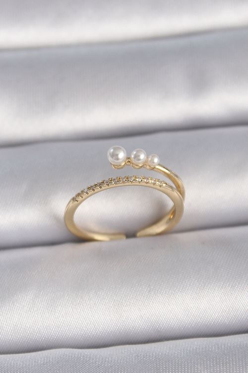 YRTCL Pirinç Gold Renk Ayarlanabilir Zirkon Taşlı İncili Model Kadın Yüzük