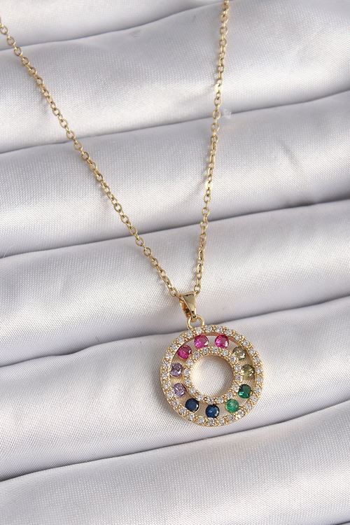 YRTCL 316L Çelik Gold Renk Zincir Renkli Zirkon Taşlı Madalyon Model Kadın Kolye