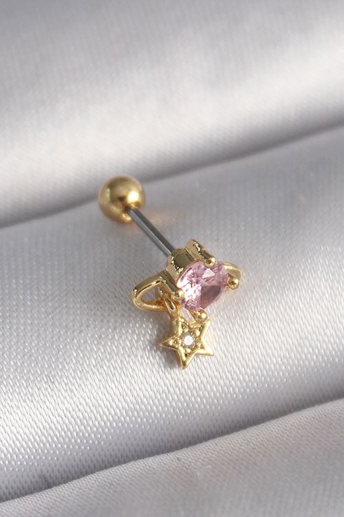 YRTCL 316L Çelik Gold Renk Pembe Zirkon Taşlı Sallantı Yıldız Detay Tragus Piercing