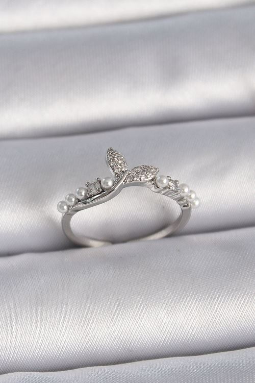 YRTCL Pirinç Gümüş Renk Ayarlanabilir Zirkon Taşlı Balık Kuyruğu İnci Detay Model Kadın Yüzük