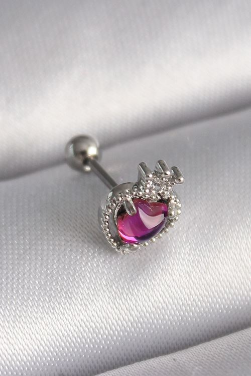 YRTCL 316L Çelik Gümüş Renk Pembe Mineli Kalp Zirkon Taş Detaylı Taç Tragus Piercing