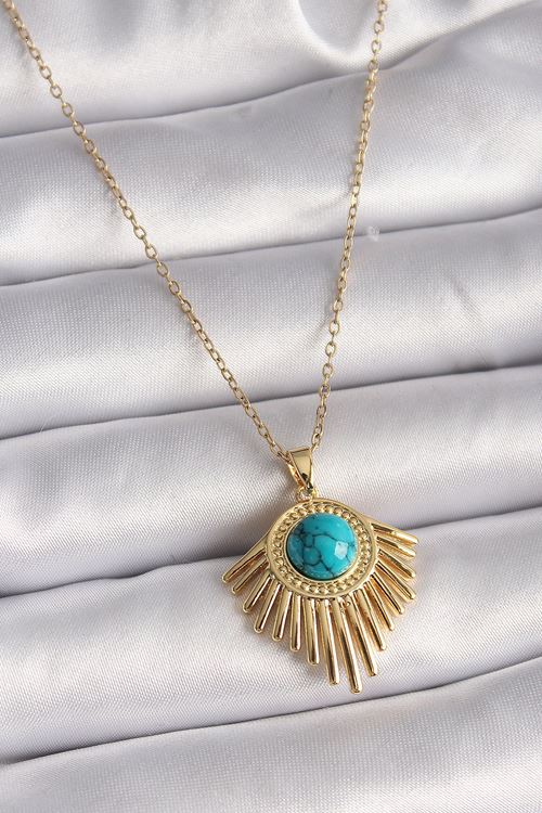 YRTCL 316L Çelik Gold Renk Zincir Mavi Boncuk Güneş Model Kadın Kolye