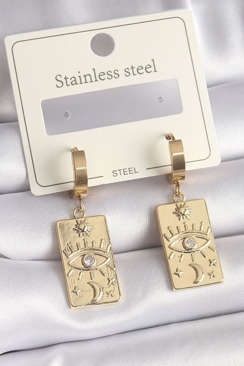 YRTCL 316L Çelik Gold Renk Zirkon Taşlı Göz İşleme Detay Plaka Model Kadın Küpe