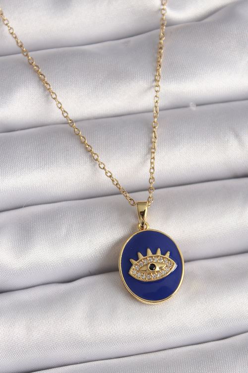YRTCL 316L Çelik Gold Renk Zincir Mavi Mineli Zirkon Taşlı Göz İşleme Kadın Kolye