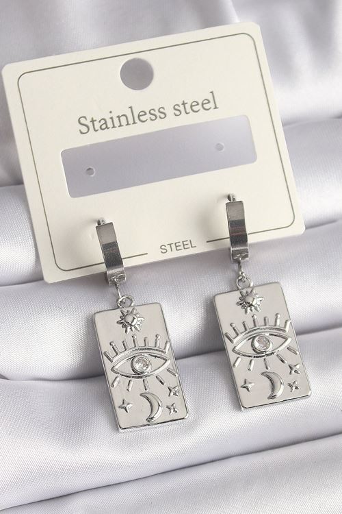 YRTCL 316L Çelik Gümüş Renk Zirkon Taşlı Göz İşleme Detaylı Plaka Model Kadın Küpe