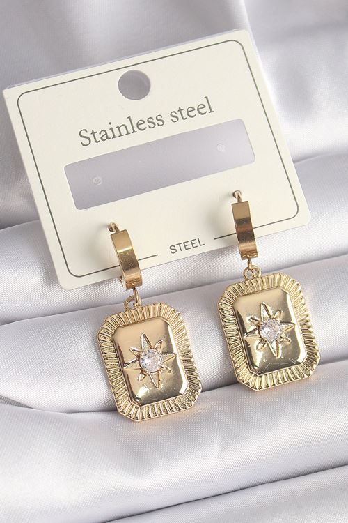 YRTCL 316L Çelik Gold Renk Zirkon Taşlı Yıldız İşlemeli Kadın Küpe