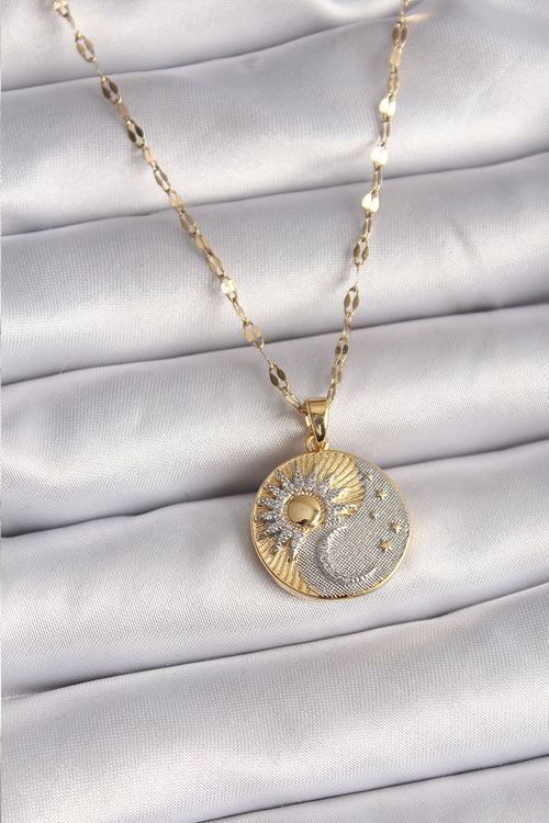 YRTCL 316L Çelik Mix Renk Zincir Zirkon Taşlı Gün Doğumu/Batımı Madalyon Model Kadın Kolye