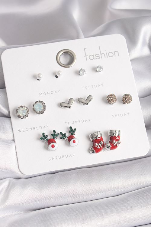 YRTCL Pirinç Gümüş Renk 7 Çift Zirkon Taşlı Yıl Başı Temalı Kadın Küpe Seti