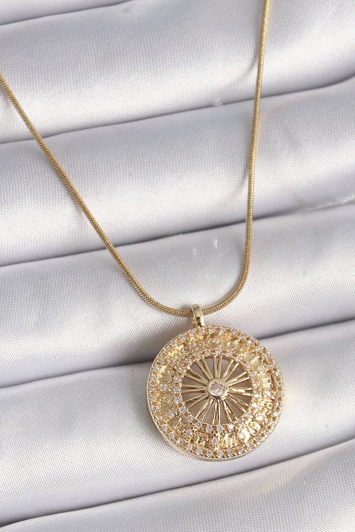 YRTCL 316L Çelik Gold Renk Zirkon Taşlı 12 Burç Madalyon Model Kadın Kolye