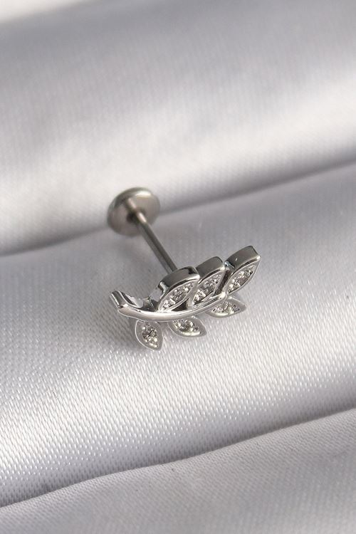 YRTCL 316L Çelik Gümüş Renk Dal Model Zirkon Taş Detaylı Tragus Piercing