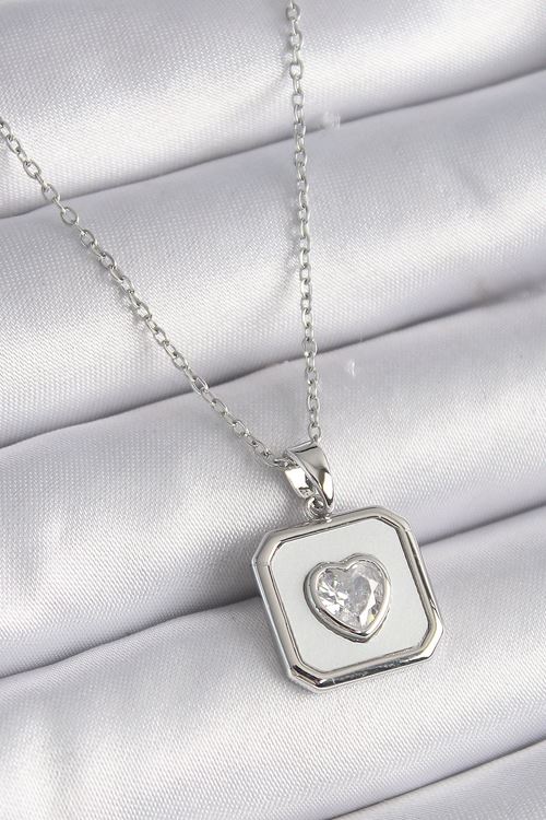 YRTCL 316L Çelik Gümüş Renk Kare Madalyon Kalp Zirkon Taş İşleme Kadın Kolye
