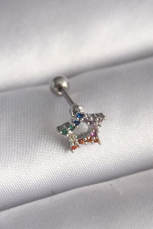 YRTCL 316L Çelik Gümüş Renk Renkli Zirkon Taşlı Yıldız Model Tragus Piercing