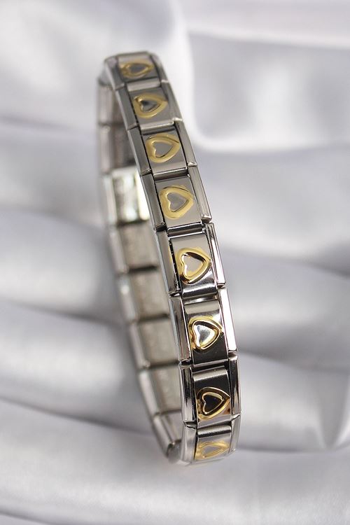 YRTCL 316L Çelik Gümüş Renk Gold Kalp İşleme Nomination Model Kadın Bileklik