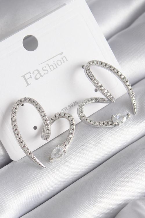 YRTCL Pirinç Gümüş Renk Zirkon Taşlı Yılan Kalp Model Kadın Küpe
