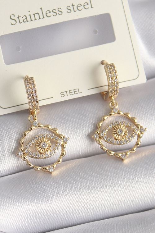YRTCL Pirinç Gold Renk Zirkon Taşlı Göz Model Kadın Küpe