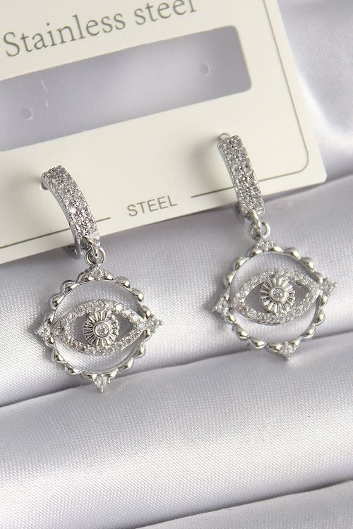 YRTCL Pirinç Gümüş Renk Zirkon Taşlı Göz Model Kadın Küpe