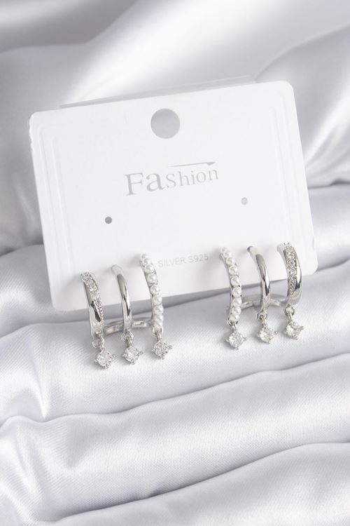 YRTCL Pirinç Gümüş Renk Zirkon Taş Detay İncili Kadın Küpe