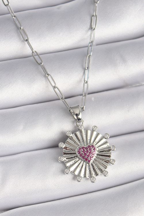 YRTCL 316L Çelik Gümüş Renk Pembe Zirkon Taşlı Kalp İşleme Madalyon Model Kadın Kolye