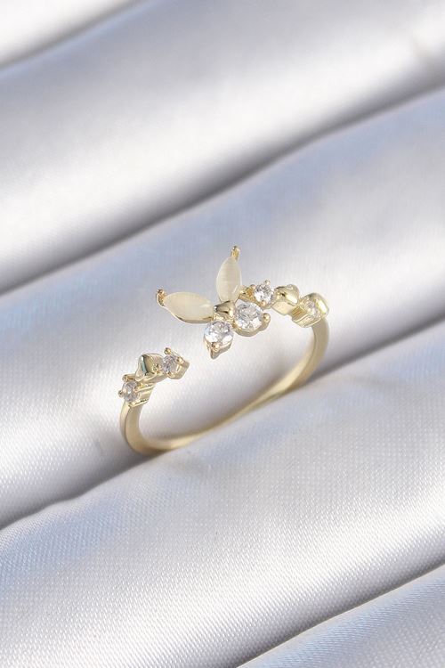 YRTCL Pirinç Gold Renk Zirkon Taş Detaylı Beyaz Mineli Kelebek Model Kadın Yüzük