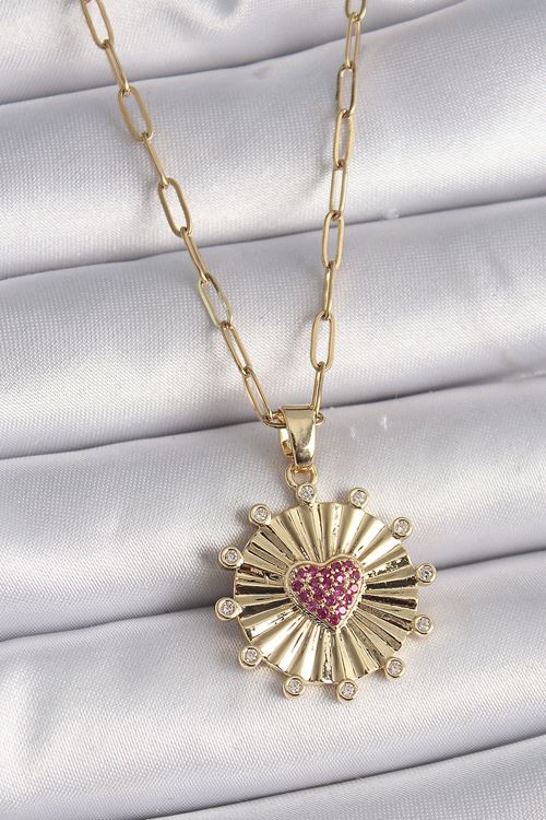 YRTCL 316L Çelik Gold Renk Pembe Zirkon Taşlı Kalp İşleme Madalyon Model Kadın Kolye