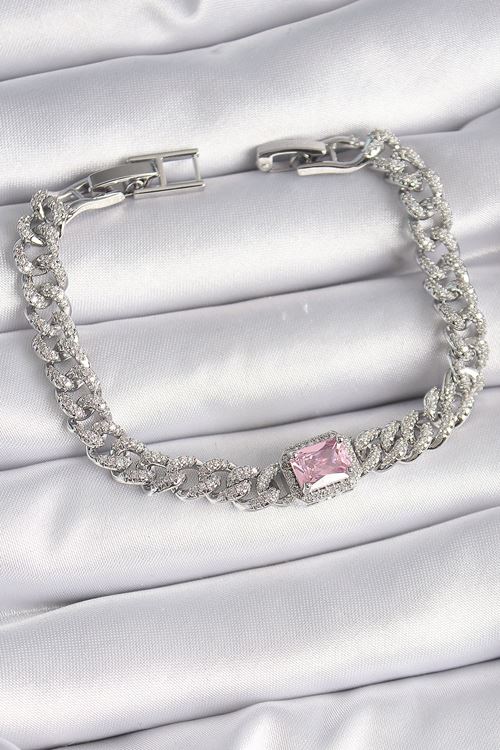YRTCL Pirinç Gümüş Renk Pembe Kare Zirkon Taşlı VIP Seri Kadın Bileklik