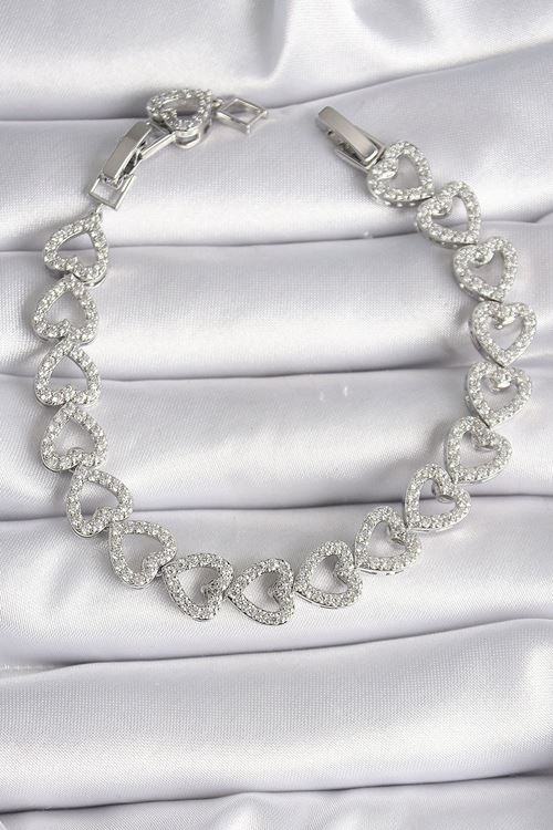 YRTCL Pirinç Gümüş Renk Zirkon Taşlı Kalp Model VIP Seri Kadın Bileklik