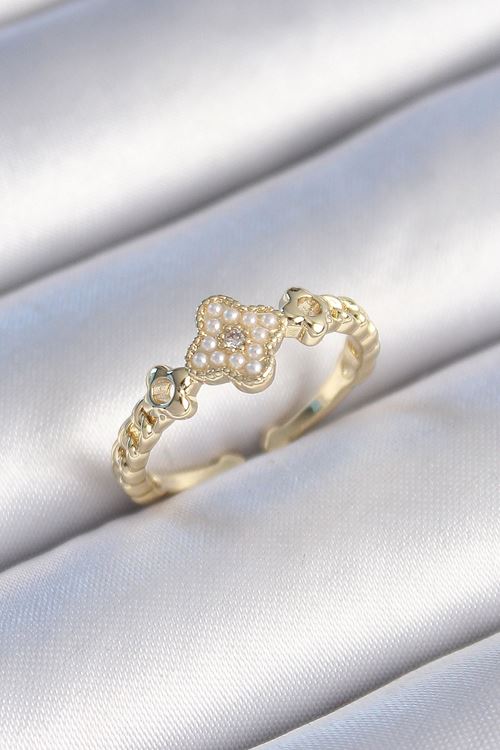 YRTCL Pirinç Gold Renk İncili Yonca Model Zirkon Taş Detay Kadın Yüzük