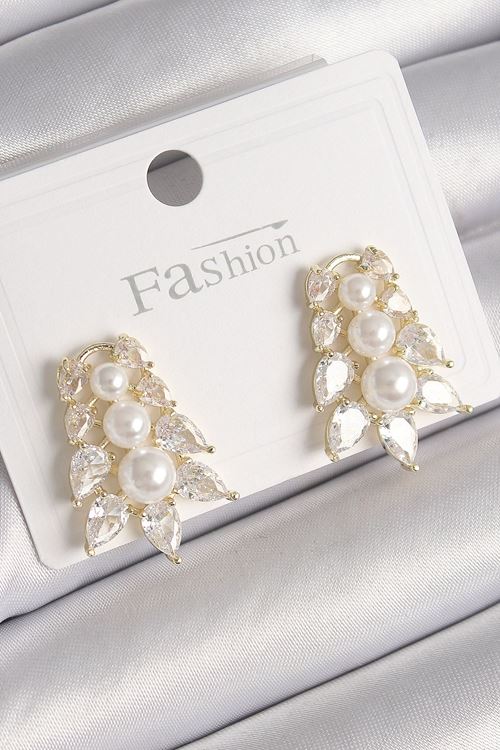 YRTCL Pirinç Gold Renk Zirkon Taşlı Yaprak Model İnci Detay Kadın Küpe