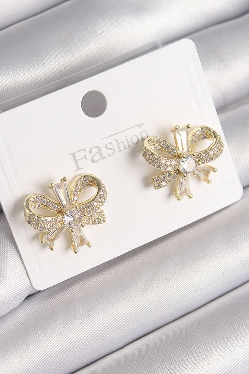 YRTCL Pirinç Gold Renk Zirkon Taşlı Fiyonk Model Kadın Küpe