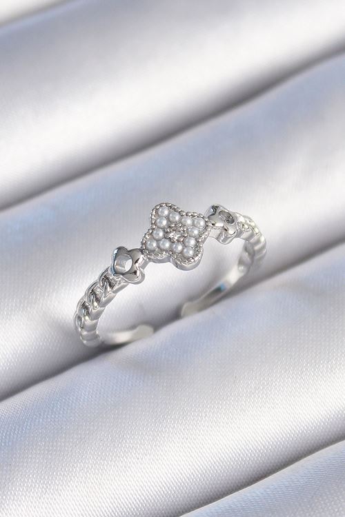 YRTCL Pirinç Gümüş Renk İncili Yonca Model Zirkon Taş Detaylı Kadın Yüzük