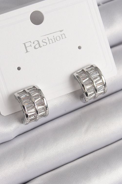 YRTCL Pirinç Gümüş Renk Çift Sıra Zirkon Taşlı Kadın Küpe