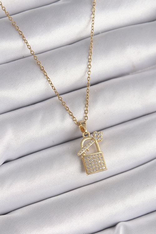 YRTCL 316L Çelik Gold Renk Zincir Zirkon Taşlı Asma Kilit Anahtar Model Kadın Kolye
