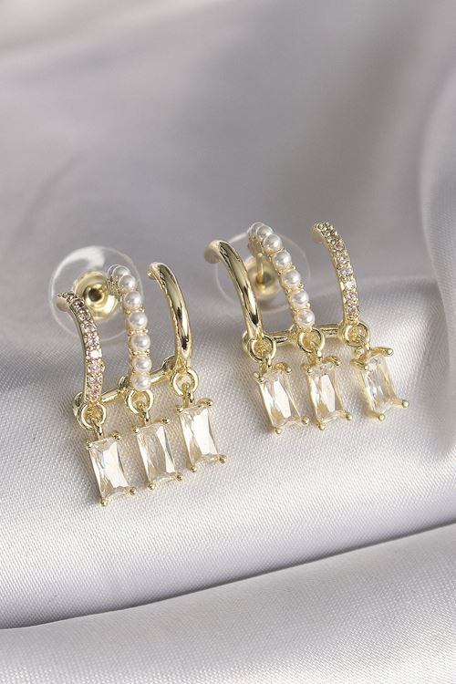 YRTCL Pirinç Gold Renk İnci Detay Sallantı Zirkon Taşlı Kadın Küpe