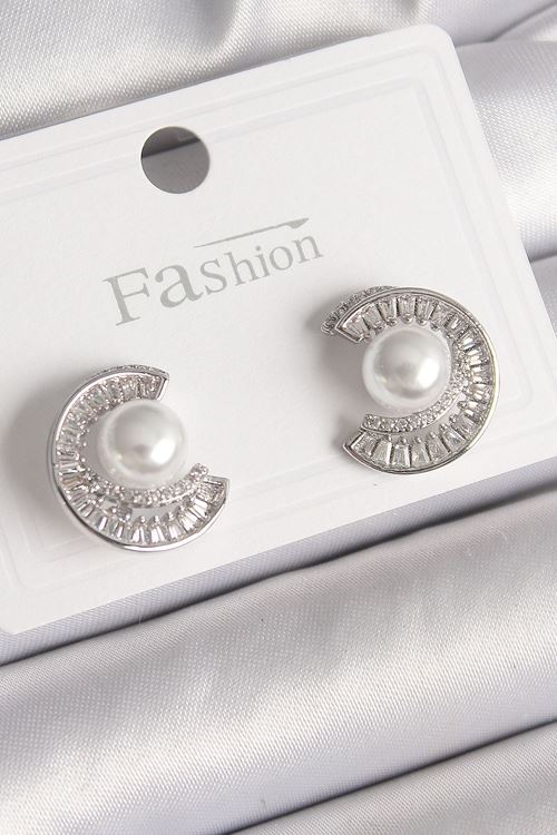 YRTCL Pirinç Gümüş Renk Zirkon Taşlı Salyangoz Model İnci Detay Kadın Küpe