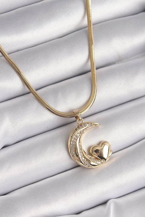 YRTCL 316L Çelik Gold Renk Çelik İtalyan Zincir Zirkon Taşlı Halil Figür Kalp Detay Kadın Kolye