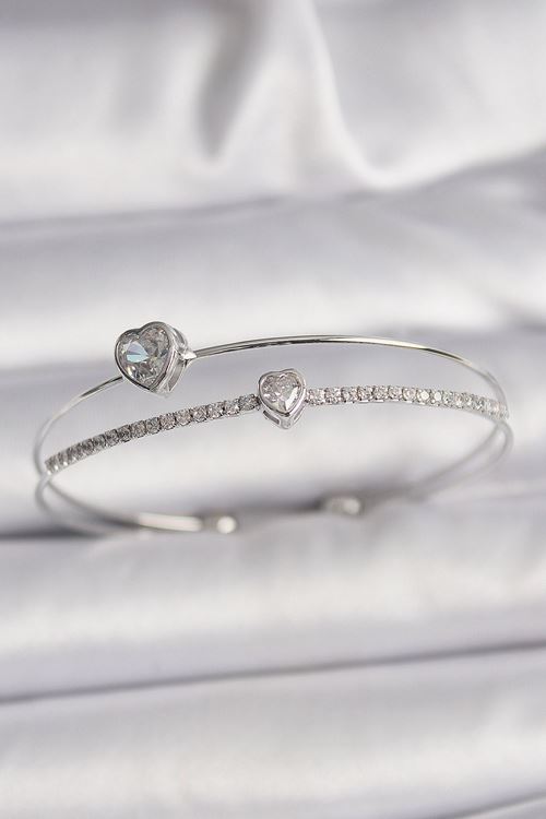 YRTCL Pirinç Gümüş Renk Zirkon Taşlı Kalp Model Kadın Bileklik
