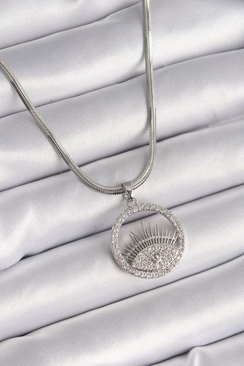 YRTCL 316L Çelik Gümüş Renk İtalyan Zincir Zirkon Taşlı Göz Model Kadın Kolye