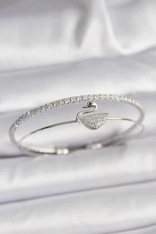 YRTCL Pirinç Gümüş Renk Zirkon Taşlı Kuğu Model Kadın Bileklik