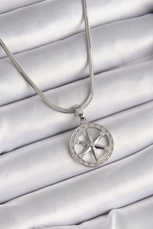 YRTCL 316L Çelik Gümüş Renk İtalyan Zincir Zirkon Taşlı Kutup Yıldız Model Kadın Kolye