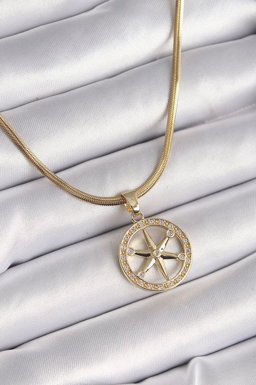 YRTCL 316L Çelik Gold Renk İtalyan Zincir Zirkon Taşlı Kutup Yıldız Model Kadın Kolye