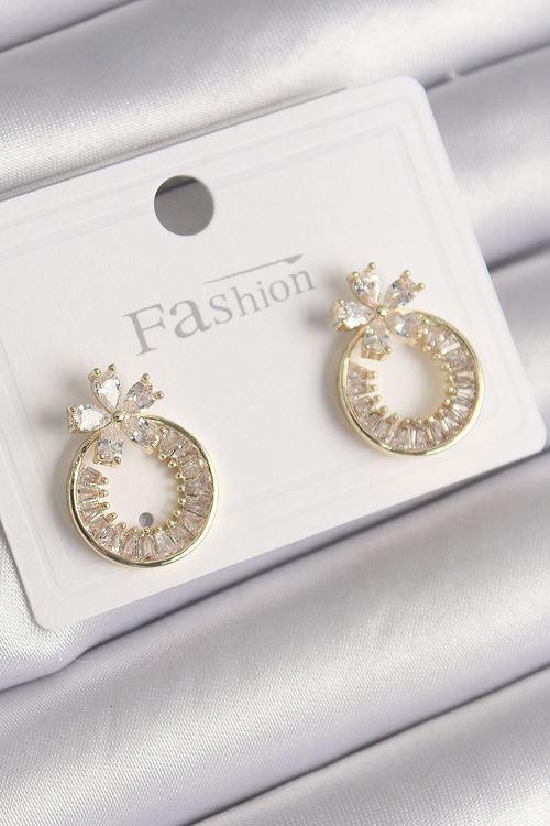 YRTCL Pirinç Gold Renk Zirkon Taşlı Halka Model Çiçek Figür Kadın Küpe