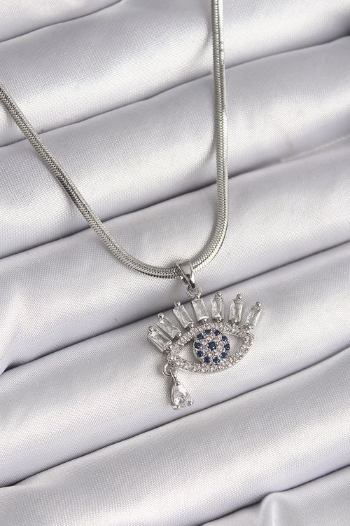 YRTCL 316L Çelik Gümüş Renk İtalyan Zincir Zirkon Taşlı Göz Model Kadın Kolye