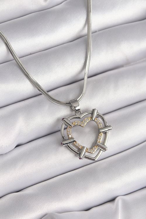 YRTCL 316L Çelik Gümüş Renk İtalyan Zincir Mix Renk Zirkon Taş Detay Kalp Model Kadın Kolye